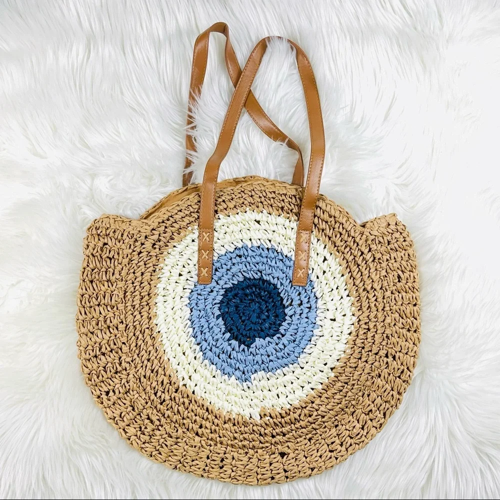 ❤️❤️❤️❤️Tan Basket Straw Top Handle Bag Beach Vacation Shoulder Tote Purse NEW - Picture 9 of 12